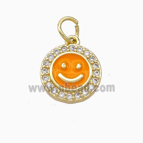 Copper Emoji Pendant Pave Zirconia Orange Enamel Smile Face Gold Plated