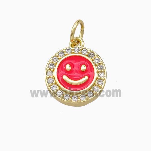 Copper Emoji Pendant Pave Zirconia Red Enamel Smile Face Gold Plated