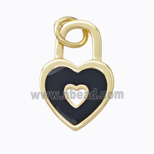 Copper Heart Lock Pendant Black Enamel Gold Plated