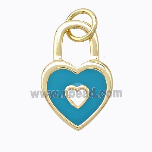 Copper Heart Lock Pendant Teal Enamel Gold Plated