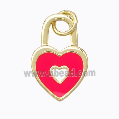 Copper Heart Lock Pendant Red Enamel Gold Plated