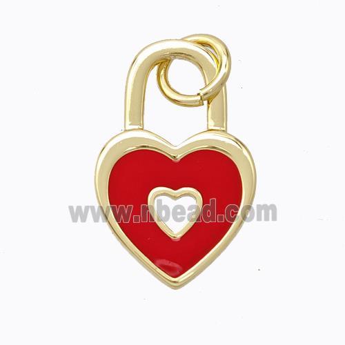 Copper Heart Lock Pendant Red Enamel Gold Plated