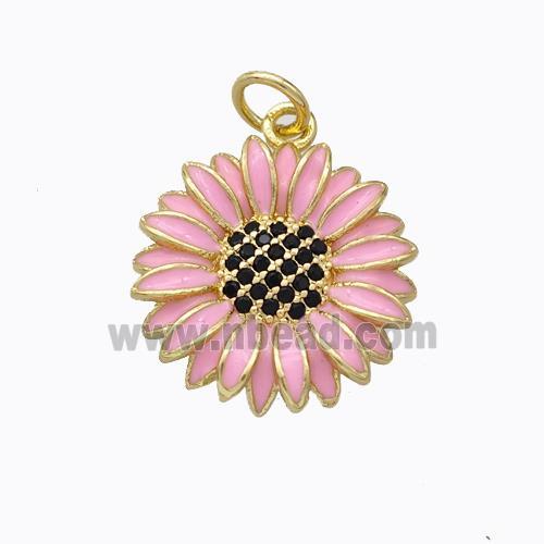 Copper Sunflower Pendant Pink Enamel Gold Plated