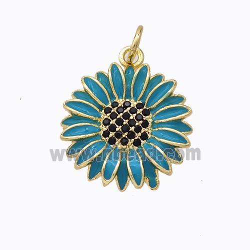 Copper Sunflower Pendant Teal Enamel Gold Plated