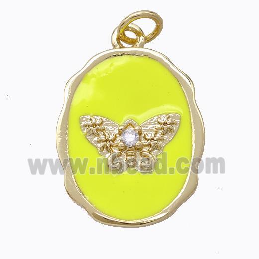 Copper Butterfly Pendant Pave Zirconia Yellow Enamel Oval Gold Plated