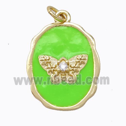 Copper Butterfly Pendant Pave Zirconia Green Enamel Oval Gold Plated