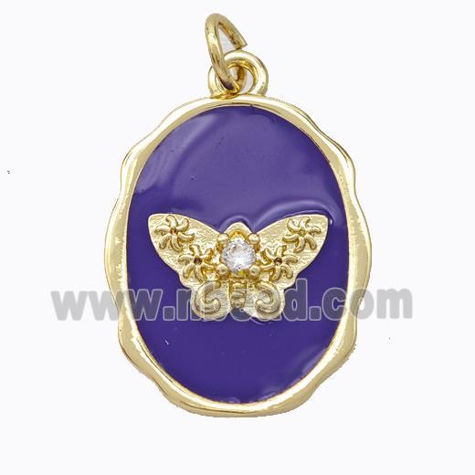 Copper Butterfly Pendant Pave Zirconia Purple Enamel Oval Gold Plated