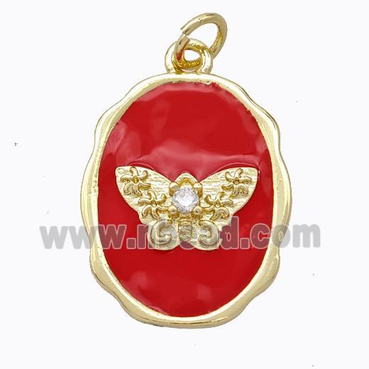 Copper Butterfly Pendant Pave Zirconia Red Enamel Oval Gold Plated