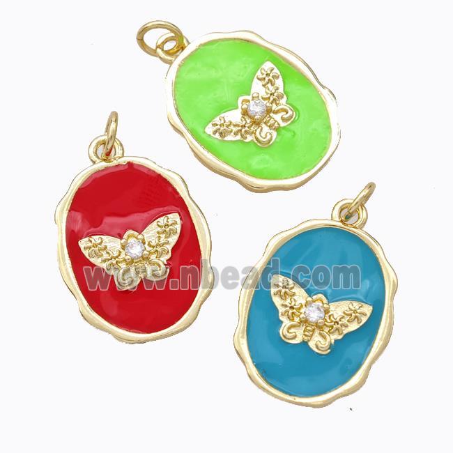 Copper Butterfly Pendant Pave Zirconia Enamel Oval Gold Plated Mixed