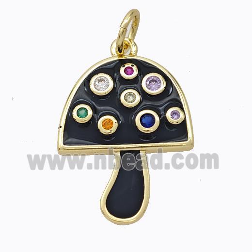 Copper Mushroom Pendant Micro Pave Zirconia Black Enamel Gold Plated