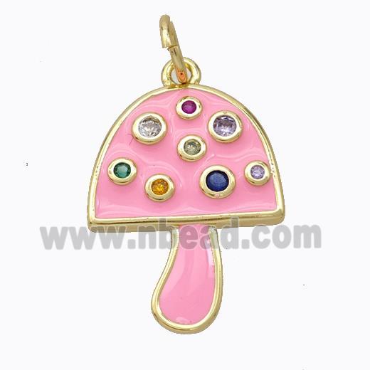 Copper Mushroom Pendant Micro Pave Zirconia Pink Enamel Gold Plated