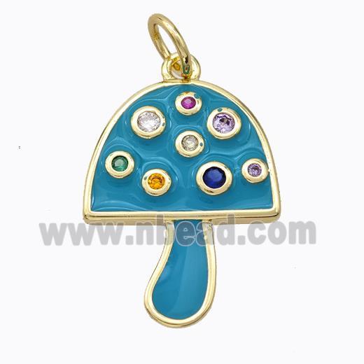 Copper Mushroom Pendant Micro Pave Zirconia Teal Enamel Gold Plated