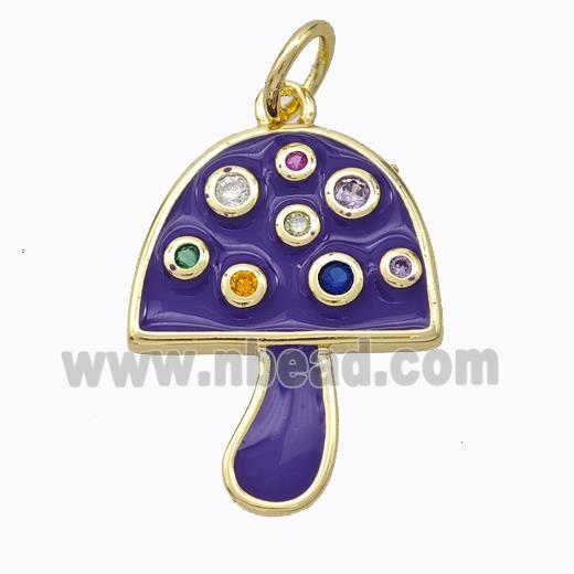 Copper Mushroom Pendant Micro Pave Zirconia Purple Enamel Gold Plated