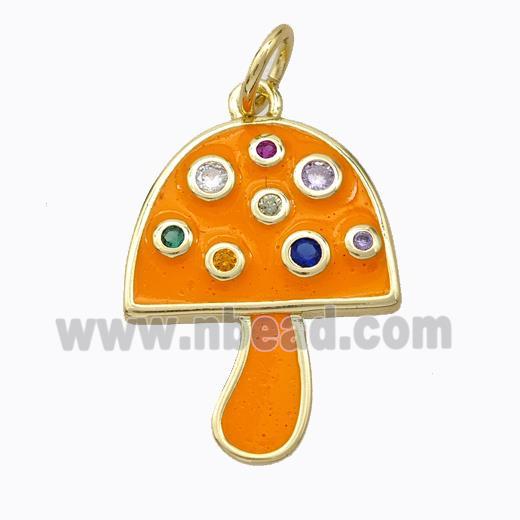 Copper Mushroom Pendant Micro Pave Zirconia Orange Enamel Gold Plated