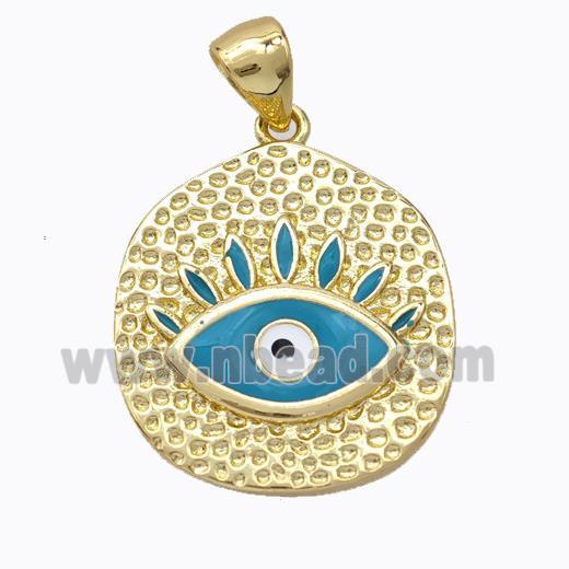 Copper Eye Pendant Teal Enamel Circle Gold Plated