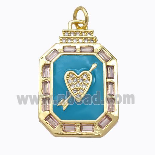 Cupid Arrow Heart Charms Copper Pendant Pave Zirconia Teal Enamel Rectangle Gold Plated