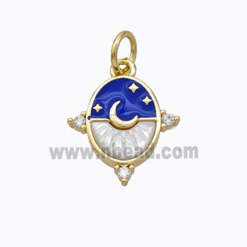 Copper Moon Pendant Pave Shell Blue Enamel Star Gold Plated