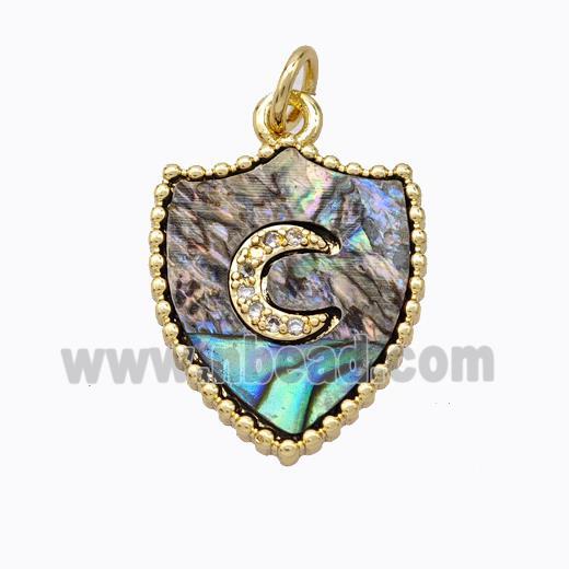 Copper Shield Pendant Pave Abalone Shell Zirconia Moon Gold Plated