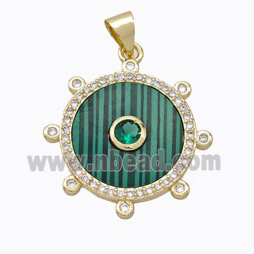 Copper Circle Pendant Pave Malachite Zirconia Gold Plated