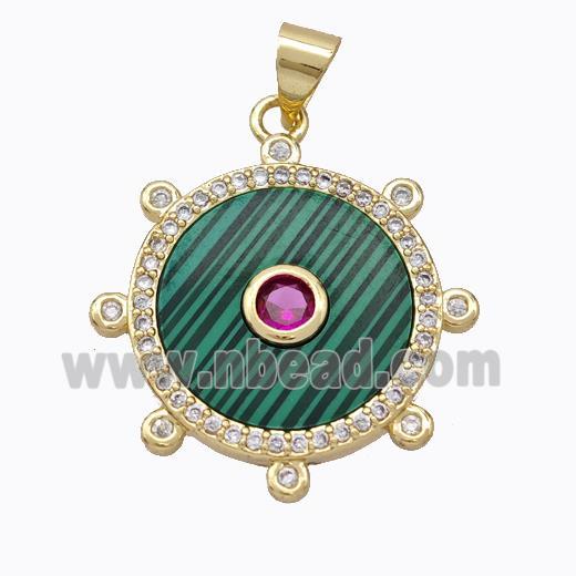 Copper Circle Pendant Pave Malachite Zirconia Gold Plated