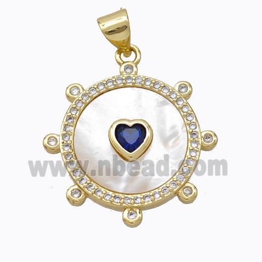 Copper Circle Pendant Pave Shell Heart Zirconia Gold Plated