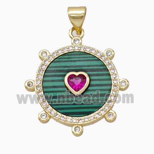 Copper Circle Pendant Pave Malachite Heart Zirconia Gold Plated