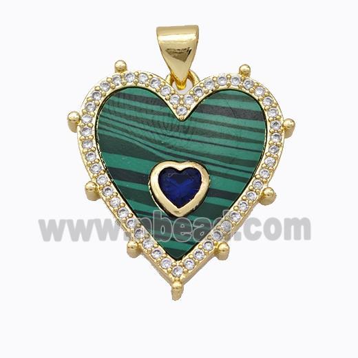 Copper Heart Pendant Pave Malachite Zirconia Gold Plated