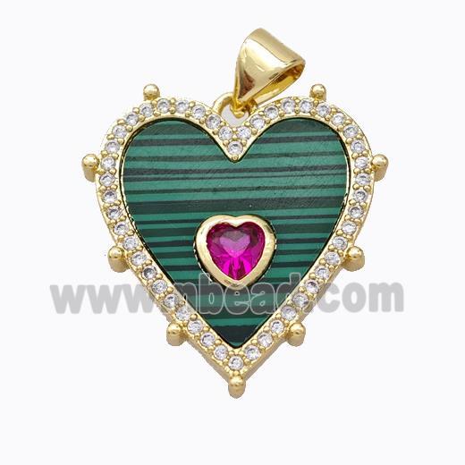 Copper Heart Pendant Pave Malachite Zirconia Gold Plated