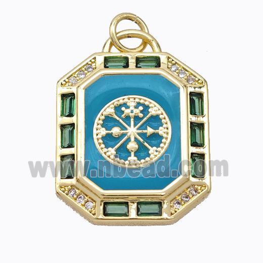 Copper Octagon Pendant Pave Zirconia Teal Enamel Compass Gold Plated