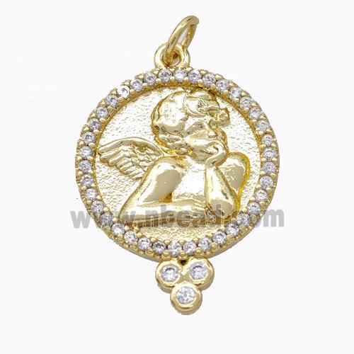 Copper Angel Pendant Micropave Zirconia Circle Gold Plated