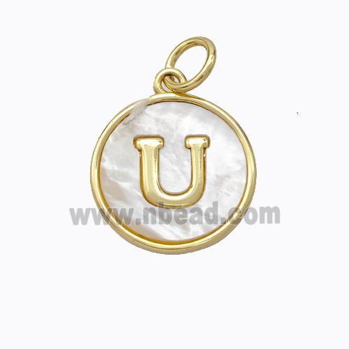 Copper Letter-U Pendant Pave Shell Gold Plated