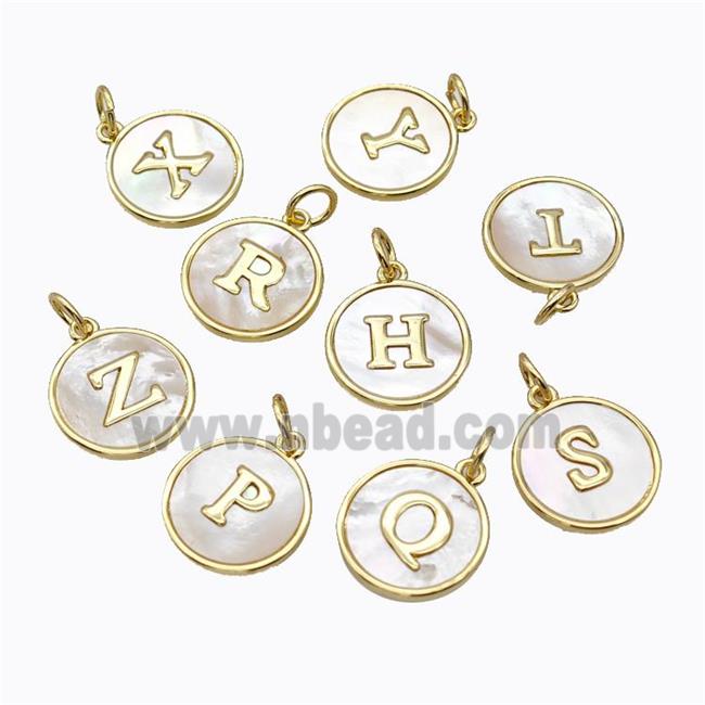 Copper Letter Pendant Micro Pave Shell Circle Mixed Alphabet Gold Plated