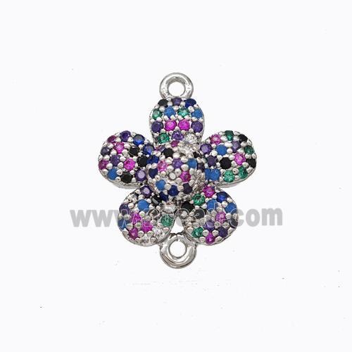 Copper Flower Connector Micropave Zirconia Multicolor Platinum Plated