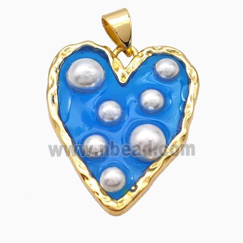 Copper Heart Pendant Pave Pearlized Resin Blue Gold Plated