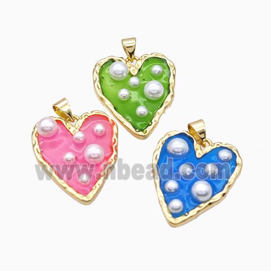 Copper Heart Pendant Pave Pearlized Resin Gold Plated Mixed