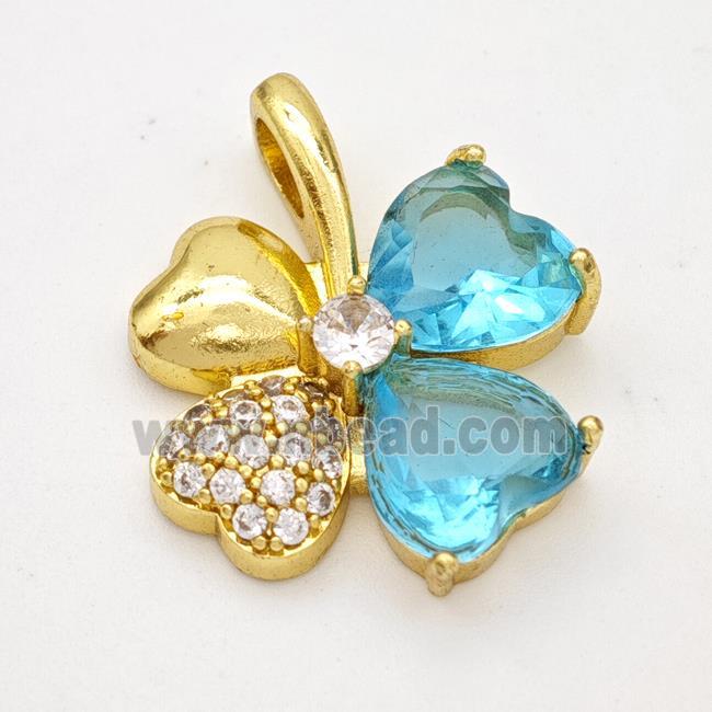 Copper Clover Pendant Pave Zirconia Aqua Crystal Glass Gold Plated