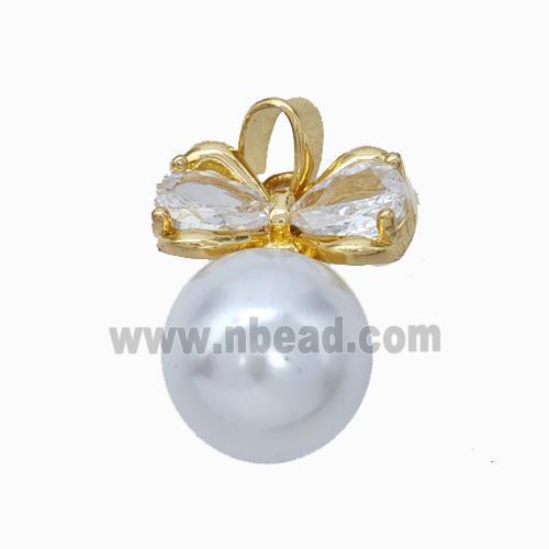 Copper Bow Pendant Pave Zirconia Pearlized Resin Gold Plated