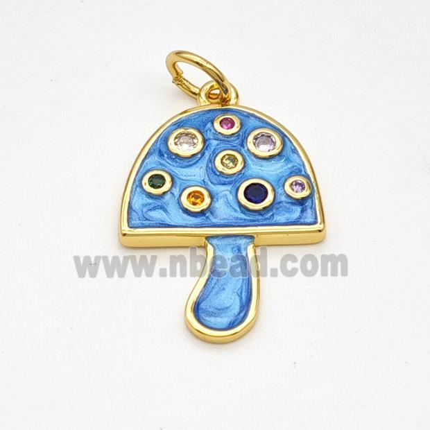 Copper Mushroom Pendant Pave Zirconia Blue Painted Gold Plated