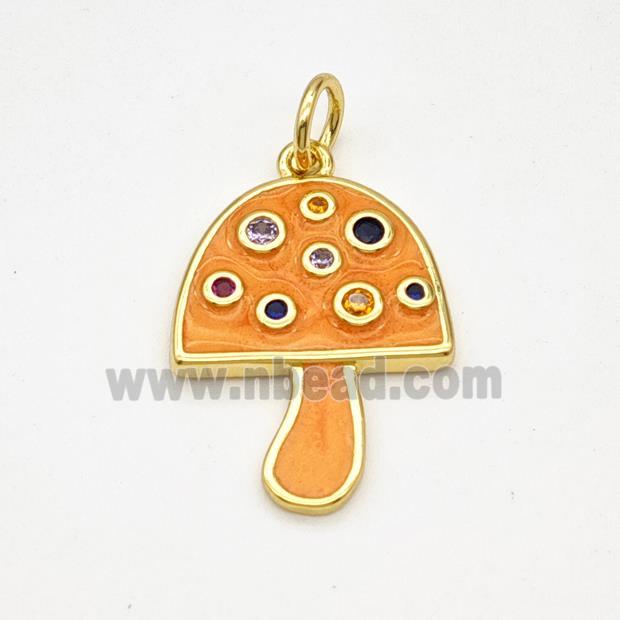 Copper Mushroom Pendant Pave Zirconia Orange Painted Gold Plated