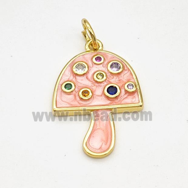 Copper Mushroom Pendant Pave Zirconia Pink Painted Gold Plated