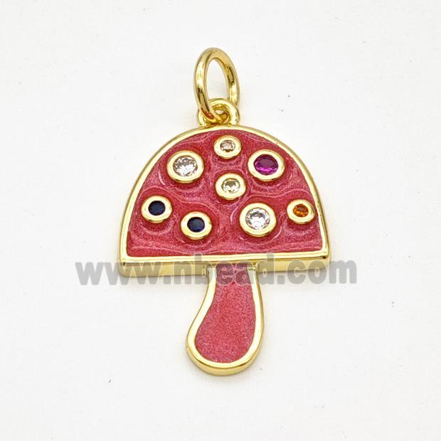 Copper Mushroom Pendant Pave Zirconia Red Painted Gold Plated