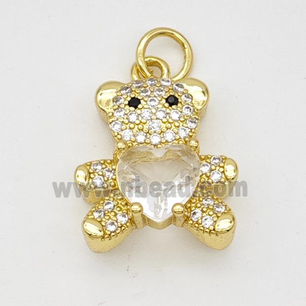 Copper Bear Pendant Micropave Zirconia Clear Crystal Glass Gold Plated