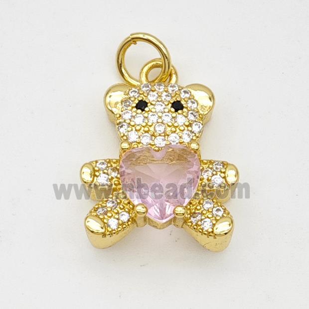 Copper Bear Pendant Micropave Zirconia Pink Crystal Glass Gold Plated