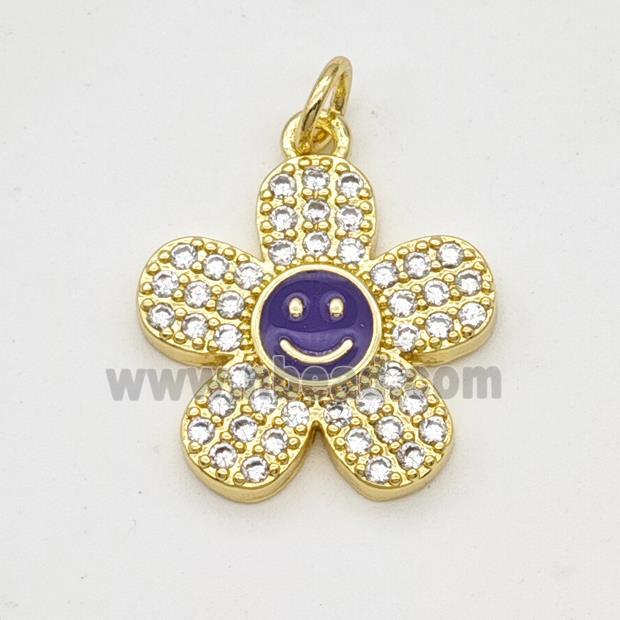 Copper Sunflower Pendant Pave Zirconia Purple Enamel Smileface Gold Plated