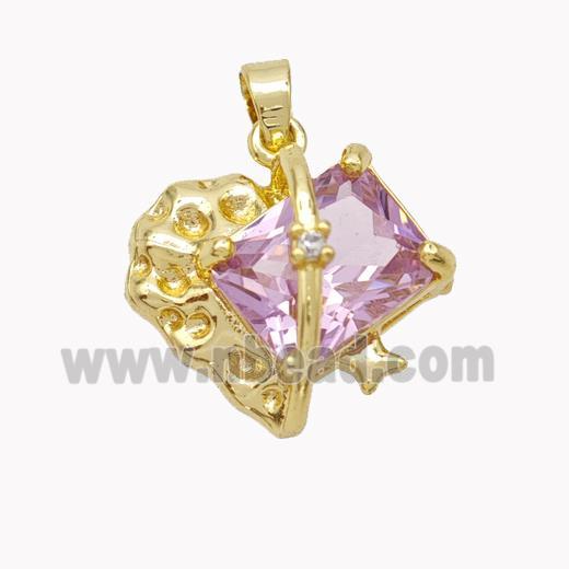 Copper Heart Pendant Pave Pink Crystal Glass Gold Plated