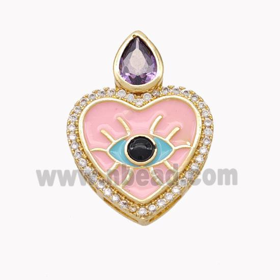 Copper Heart Pendant Pave Zirconia Pink Enamel Gold Plated