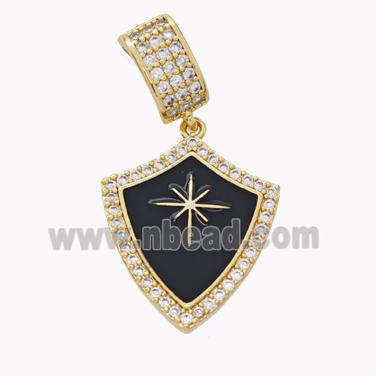 Copper Shield Pendant Pave Zirconia Black Enamel Star Gold Plated