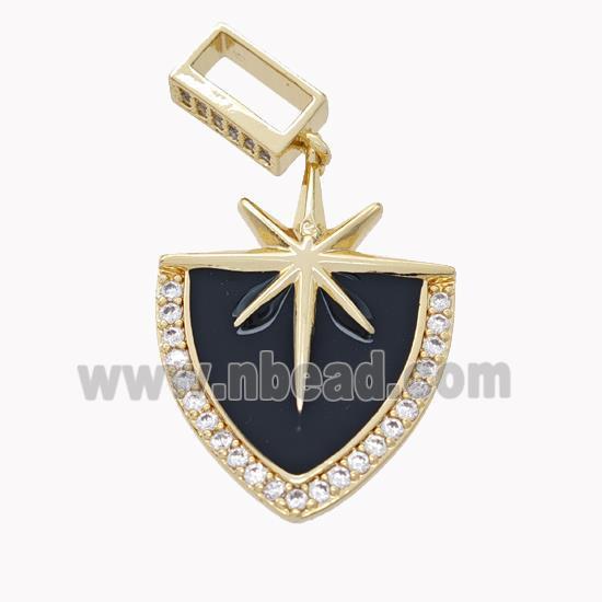 Copper Shield Star Pendant Pave Zirconia Black Enamel Gold Plated