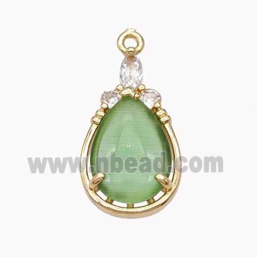 Copper Teardrop Pendant Pave Green Cateye Glass Gold Plated