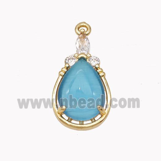 Copper Teardrop Pendant Pave Blue Cateye Glass Gold Plated